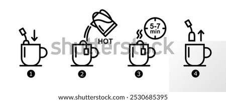 how to make a cup of tea step by step guideline (solid black fill). vector making a cup of tea instruction for package, mockup, product, web, app, ui etc use.