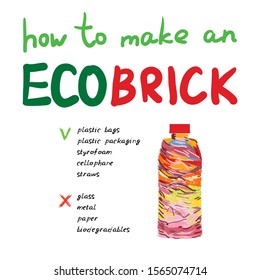 how to make an Ecobrick is a plastic bottle packed with clean and dry, used plastic to make a reusable building block. Eco Bricks, Ecolladrillos, bottle bricks. Vector