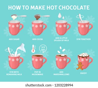 How to make hot chocolate or cocoa guide. Instruction on how to make a hot sweet drink at home. Cozy winter cup of delicious coffee or cacao with dessert. Vector flat illustration