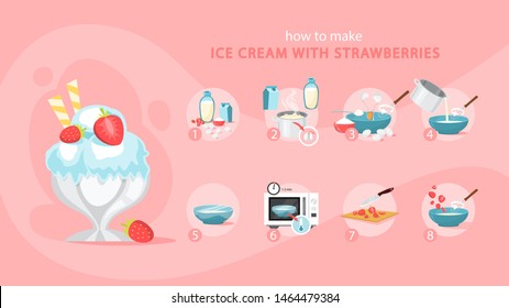 How to make ice cream at home instruction. Step-by-step guide for making sweet vanilla food dessert. Component and ingredient for cooking. Strawberry and milk. Flat illustration