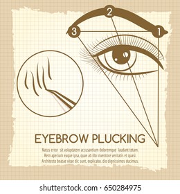 How to make ideal brow. Vector eyebrow plucking vintage style concept