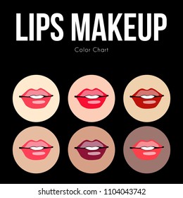 How to make ideal color chart for a make-up lipstick tutorial. Set of glamor women lips with different lipstick colors. Makeup with women's lipstick and skin tone. Vector illustration fashion design