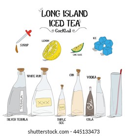 how to make a long island iced tea cocktail set with ingredients for restaurants and bar business vector illustration
