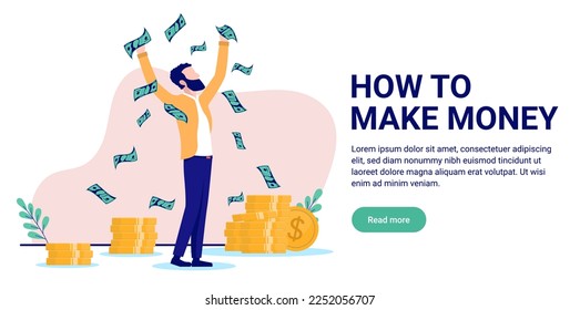 How to make money banner - Flat design vector illustration of rich man throwing paper bills in air and making lots of cash. White background