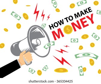 HOW TO MAKE MONEY Flat design vector business illustration concept Digital marketing business man holding megaphone