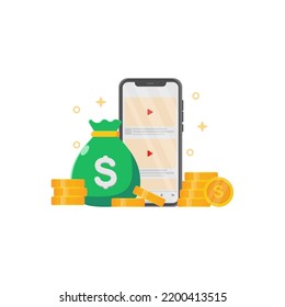 How to make money from videos. Smartphone with video one screen, money bag and stack of coins, creator content concept white isolated