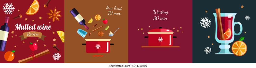 How to make Mulled  wine  infographic concept.  Winter season Hot drink recipe. Vector illustration in Flat style. Isolated objects. Christmas and New Year menu template