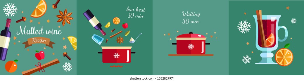 How to make Mulled  wine  infographic concept.  Winter season Hot drink recipe. Vector illustration in Flat style. Isolated objects. Christmas and New Year menu template