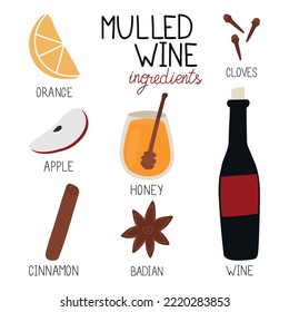 How to make Mulled wine infographic concept. Winter season Hot drink recipe. Vector illustration in Flat style. Isolated objects. Christmas and New Year menu template