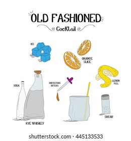 how to make an old fashioned cocktail set with ingredients for restaurants and bar business vector illustration