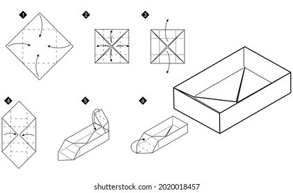 How to make origami box. Step by step black and white DIY instructions. Outline monochrome vector illustration.