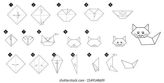 How to make origami cat. Black line monochrome step by step instructions. Easy DIY for kids.