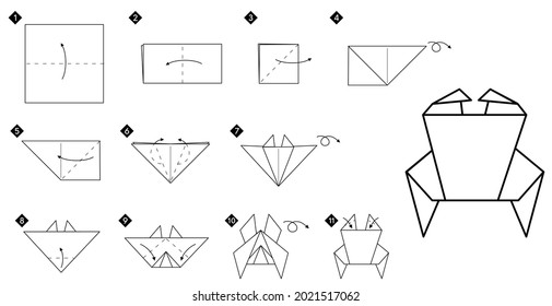 How to make origami crab. Step by step instruction. Outline monochrome vector illustration.