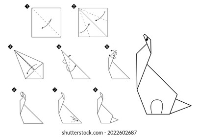 How to make origami dinosaur. Step by step black and white DIY instructions. Outline monochrome vector illustration.