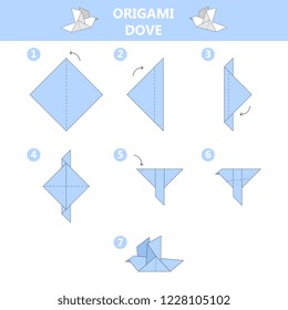 How to make origami dove guide. Instruction for making bird of paper sheet. Toy for kids. Vector illustration in cartoon style