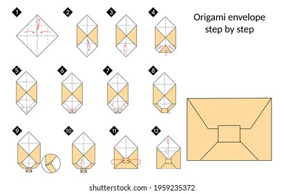 How to make a origami envelope vector illustration. Color black line step by step DIY instruction.