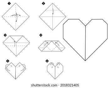 Cómo hacer corazón de origami. Instrucciones paso a paso de DIY en blanco y negro. Dibujo vectorial monocromo de contorno.