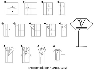 How To Make Origami Kimono Bookmark. Step By Step Black And White DIY Instructions. Outline Monochrome Vector Illustration.