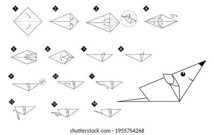 How to make origami mouse or rat. Black line monochrome step by step instructions. Easy DIY for kids.