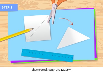 Cómo hacer papel de origami en forma de copo de nieve para decorar una casa para la festividad. concepto DIY. Instrucciones paso a paso en el vector. Proyecto infantil. Paso 2 corte el cuadrado en 2 piezas 