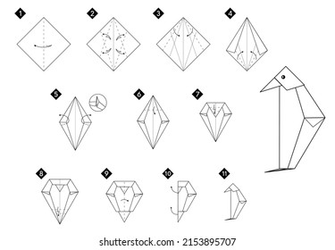 How to make origami penguin bird. Step by step instructions. Monochrome black and white vector DIY illustration.