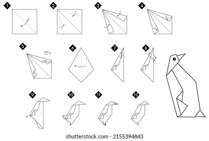 How to make origami penguin bird. Step by step instructions. Monochrome black and white vector simple DIY illustration.