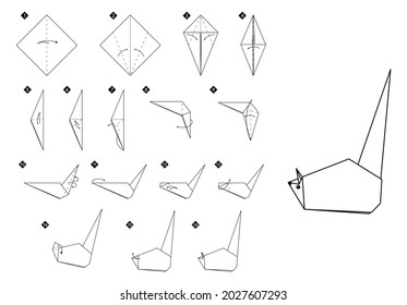 Cómo hacer rata de origami. Paso a paso el ratón de papel de las instrucciones DIY en blanco y negro. Dibujo vectorial monocromo de contorno.