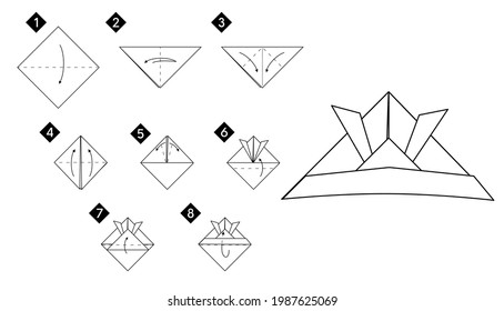 How to make origami origami samurai helmet. Step by step instructions DIY from paper vector monochrome line guide illustration.