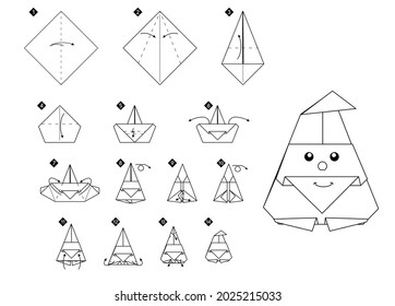 How to make origami santa claus. Step by step black and white DIY instructions. Outline monochrome vector illustration.