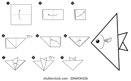 How to make origami triangle fish. Step by step simple black and white DIY instructions.