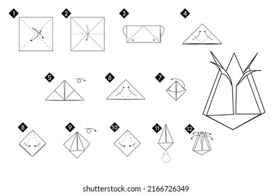 How to make origami tulip flower. Step by step instructions. Monochrome black and white vector simple DIY illustration.