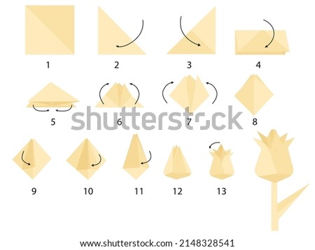 how to make paper flower step by step. DIY crafts. gift for mom, grandmother, sister with their own hands. origami. paper tulip. tutorial. flat vector.