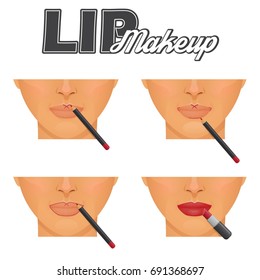 How to make perfect lips outline make-up tutorial chart. Lip pencil countour and red lipstick coverage, pretty woman face model.