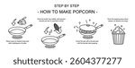 how to make popcorn step by step icon set. editable stroke icons for preparing food. popcorn making recipe for print