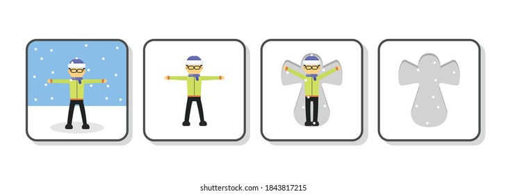 How to make snow angel vector. Winter activities vector set. Tutorial make snow angel.