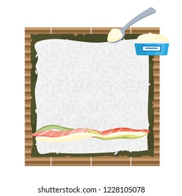 How to make sushi rolls at home guide. Bamboo mat and nori list with rice and salmon on it. Japanese food recipe. Vector flat illustration