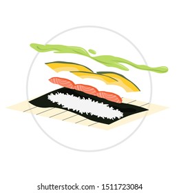 How to make sushi rolls at home guide. Bamboo mat and nori list with rice and salmon on it. Japanese food recipe. Flat vector illustration