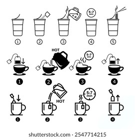 how to make tea and instant noodles step by step guideline icon set (solid fill) for mockup. silhouette eps icons for commercial purpose. vector guideline icons for packaging, mockup, product etc.	