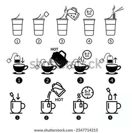 how to make tea and instant noodles step by step guideline icon set (solid fill) for mockup. silhouette eps icons for commercial purpose. vector guideline icons for packaging, mockup, product etc.	