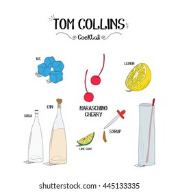 how to make a Tom Collins cocktail set with ingredients for restaurants and bar business vector illustration