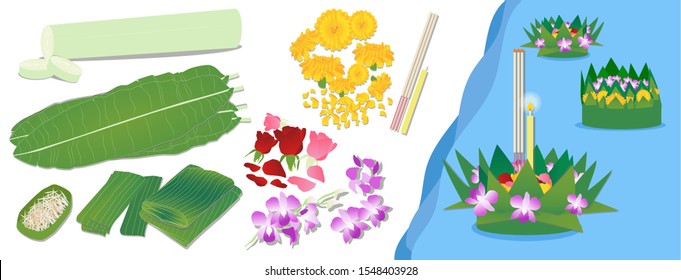 How to make a traditional Thai krathong - Loy Krathong Festival.
Materials for making banana leaf krathongs, banana leaves, daffodils, marigolds, pickles, red and pink, purple orchids, incense, candle