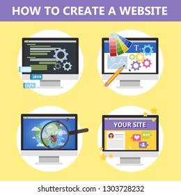 How to make a website on the computer. Web page design and website development concept. Creating interface. Blog in the internet. Isolated vector illustration in cartoon style