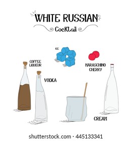 how to make a white Russian cocktail set with ingredients for restaurants and bar business vector illustration