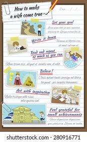 How to make a wish come true infographic template design in notebook paper background with sample text layout, create by vector