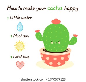 How to make your cactus happy card. Isolated on white background. Vector cartoon character illustration