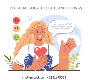 How to manage stress instruction concept. Thoughts and feelings declaration. Frustrated woman with anxiety and confusion. Psychological support, emotional help. Flat vector illustration