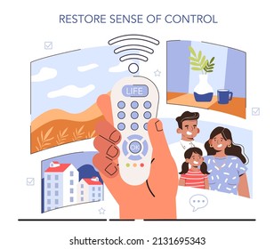 How To Manage Stress Instruction Concept. Sense Of Control Restoration. Negative World News Pressure, Fear And Chaos. Psychological Support, Emotional Help. Flat Vector Illustration