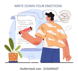 How to manage stress instruction concept. Writing down emotions, thoughts and feelings. Frustrated character with anxiety and confusion. Psychological support, emotional help. Flat vector illustration