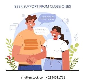 How to manage stress instruction concept. Seek support from your close ones. Frustrated character with anxiety and confusion. Psychological support, emotional help. Flat vector illustration