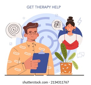 How to manage stress instruction concept. Get therapy help. Negative world news pressure, fear and chaos. Psychological support, emotional help. Flat vector illustration
